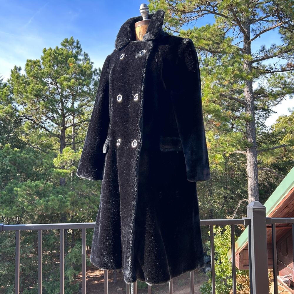 Vintage 70s Black Plush Faux Fur Belted Backside Midi Length Teddy Bear Coat